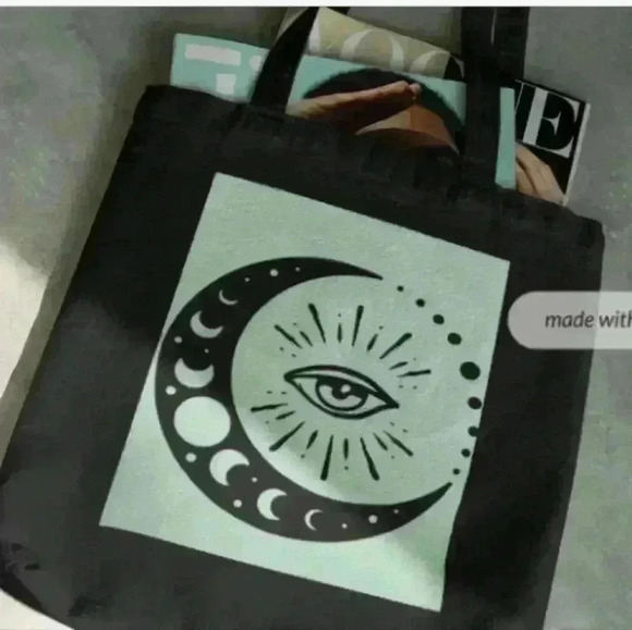 Moon and evil boho celestial seagrean and black recycled canvas tote bag - Picture 3 of 3
